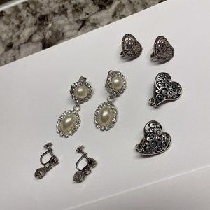 Lot Of 4 Vintage - Modern Clipon Clip On Screw On Costume Earrings Silver Tone